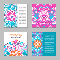 Indian style bright colorful mehendi ornament square cards. Front and back pages. Ornamental vertical blank with ethnic motifs. Paper brochure template. Oriental design concept. EPS 10 vector flyer.