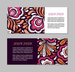 Embroidery style horizontal cards with bright colorful flower and leaf pattern. Ethnic blanks. Rustic design brochures inspired by russian khokhloma ornament. EPS 10 vector. Clipping masks