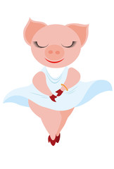 Pretty cartoon dancing pig in blue dress. Cute fashion animals lifestyle character