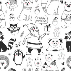 Seamless pattern with animals and different christmas elements. Vector illustration in sketch style