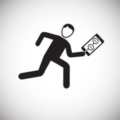 Person runs with smartphone on white background icon