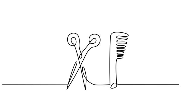 Scissors and comb business icon. Continuous line