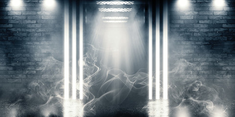 Background of empty brick wall and an open elevator door. Neon light, spotlight, smoke, smog