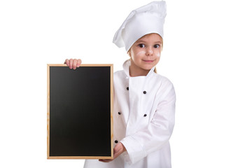 Cute girl chef white uniform isolated on white background. Girl with a floured face holding a menu black empty board. Landscape image