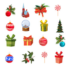 Christmas set with pine branches, decorations, candies, ribbons, boxes of gifts, cnow globe, pine, Christmas balls. Realistic, flimsy vector elements for design of greeting cards, banners, isolated