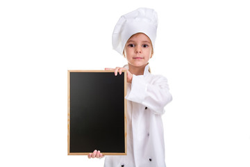 Serious cute girl chef white uniform isolated on white background. Girl with a floured face holding a menu black empty board. Landscape image