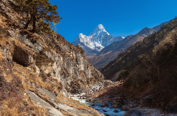 View of Mount Ama Dablam (6812 m altitude) in Himalayas, Nepal