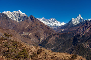 View of mount Everest, mount Lhotse, mount Ama Dablam and Khumbu valley, Sagarmatha national park,Nepal