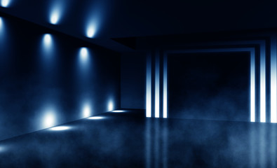 Background of empty room with concrete floor, neon lights, reflection, smoke. Dark empty basement piles