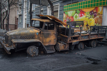 Kiev Ukraine. February 23, 2014. Burned cars on the streets of the city during protests on...