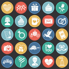 Valentines day flat set on color circles black background icons