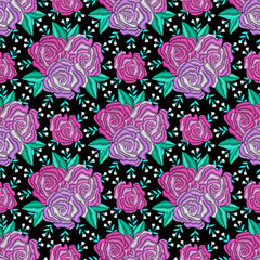 Embroidered style rose bouquet seamless pattern design. Needlework floral composition. Bright colorful summer flower bouquet motives. EPS 10 vector embroidery fashion background