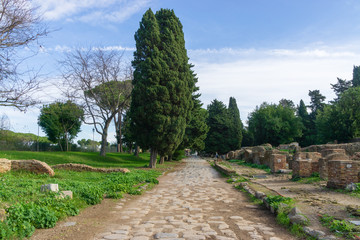 Ostia antica in Rome, Italy. Archaeological Roman empire street view