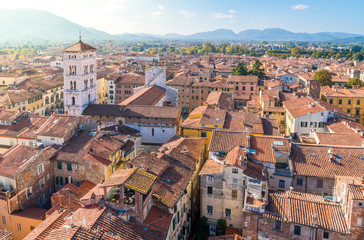 Panoramic view in Lucca with San Michele al Foro Church. Tuscany, Italy.