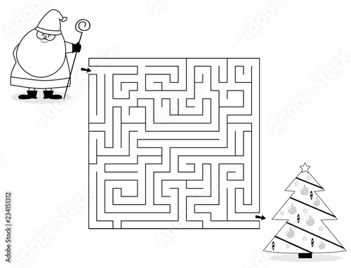 Czarno Biały Labirynt Dla Dzieci Z śwmikołajem I Choinką