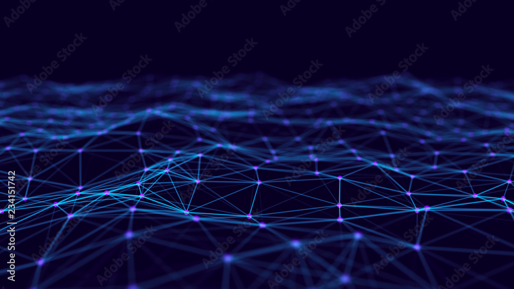 Aufkleber Abstract digital blue background. Plexus effect. Network connection structure. Science background. 3D rendering.