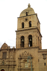 Fototapeta na wymiar The Bell Tower of San Francisco Basilica or Basilica de San Francisco, Historic Baroque Church in La Paz, Bolivia 