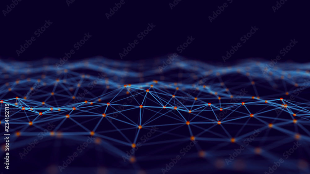 Aufkleber Abstract digital blue background. Plexus effect. Network connection structure. Science background. 3D rendering.