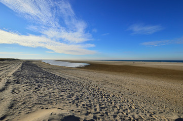 Nadmorskie wybrzeże, plaża i morze pod niebieskim niebem z chmurami.