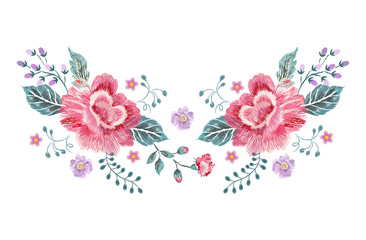 Embroidery floral traditional neckline pattern with roses and violets. - 234153394