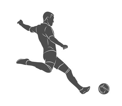 Silhouette soccer player quick shooting a ball on a white background