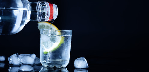 bottle of vodka with glass - obrazy, fototapety, plakaty