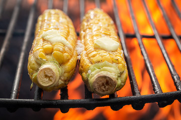 Tasty and homemade corncob on grill with butter and salt