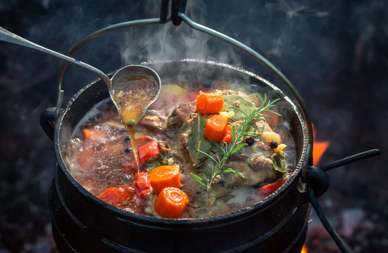 Tasty and homemade hunter's stew with meat and carrots