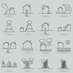 Natural Disaster, Vector illustration of thin line icons set