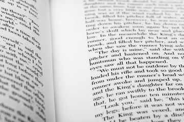 English words shown on two open book pages with selective depth of field.
