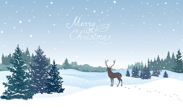 Merry Christmas greeting card background with winter holiday snowy landscapeand reindeer