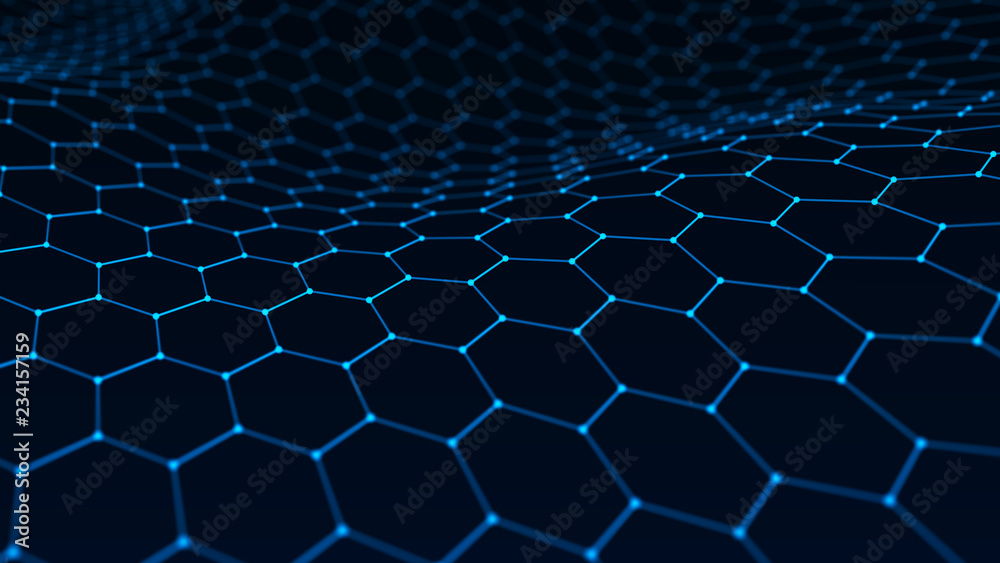 Aufkleber Abstract technology background. Artificial intelligence. Futuristic hexagon perspective background. Big data visualization. 3D rendering.