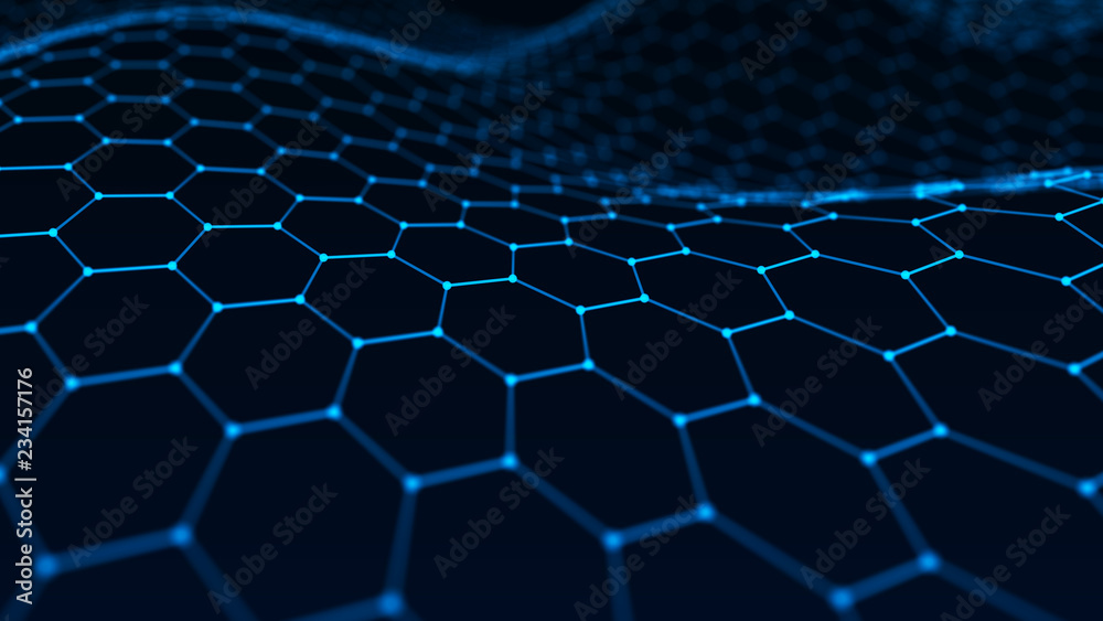 Aufkleber Abstract technology background. Artificial intelligence. Futuristic hexagon perspective background. Big data visualization. 3D rendering.