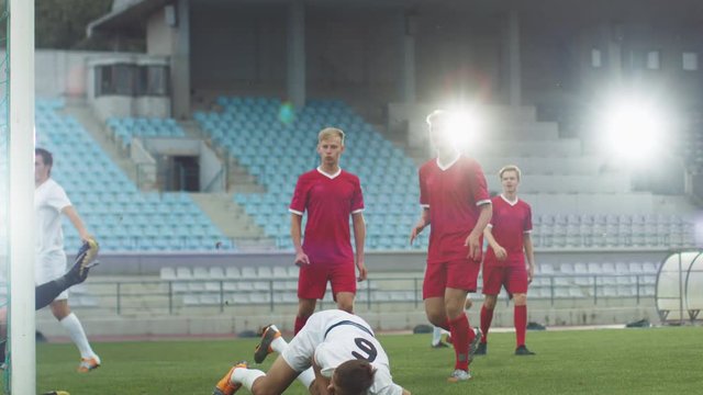 Soccer Player Receives Successful Pass, Kicks Ball and Scores Amazing Goal with Bicycle Kick / Scissors Kick / Overhead Kick, Goalkeeper Jumps but Missed Goal. In Slow Motion.