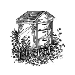 Wooden beehive. Sketch. Engraving style. Vector illustration.