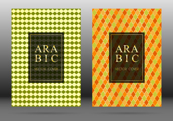 Arabesque pattern vector cover page layout design collection in arabic style mosaic in gold grid. Islamic background, moroccan, turkish, persian, ottoman pattern vector template. Ethnic motifs.