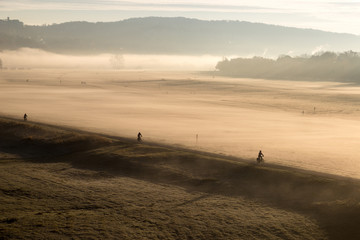 Fototapeta na wymiar Bicyclists on bike path in morning at sunrise and fog