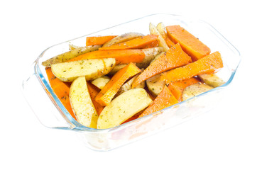Raw potato and pumpkin slices for baking
