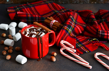 Homemade hot chocolate with marshmallow and cinnamon in a red cup.