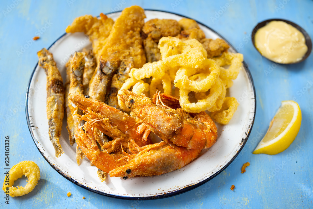 Poster rustic italian fried seafood fritto misto