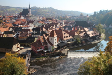 View from castle to Vltava river and Česk&yacute; Krumlov town, Czech republic