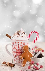 Sheer curtains Chocolate Christmas cup with hot chocolate and whipped cream.