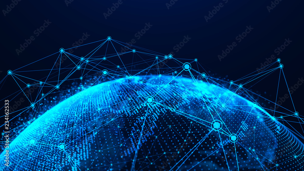 Aufkleber Global network concept. World map point. Global network planet Earth. 3D rendering.