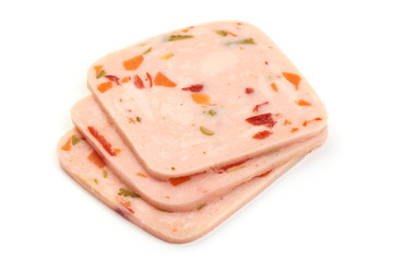 Thinly Sliced boiled ham sausage, isolated on a white background. Close-up.