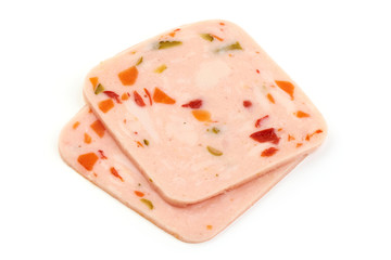 Thinly Sliced boiled ham sausage, isolated on a white background. Close-up.