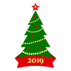 Holiday card with christmas tree and red ribbon with inscription 2019. Vector illustration