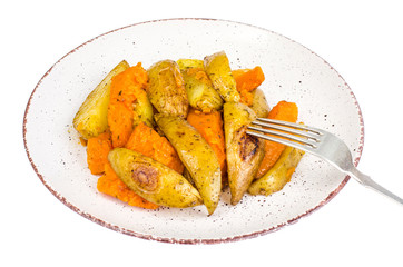 Healthy vegetarian diet food, baked vegetables, pumpkin and potatoes