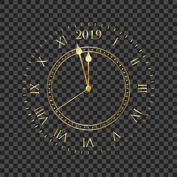 2019 clock. Round retro clock with Roman numbers. Couple minutes untill New Year 2019.
