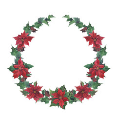 Naklejka na ściany i meble Seamless watercolor winter wreath with poinsettia and branch