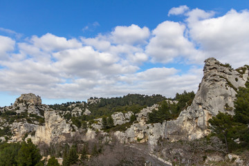 Fototapeta na wymiar An interesting rock outcropping is found on a hillside near Chateau des Baux de Provence, France